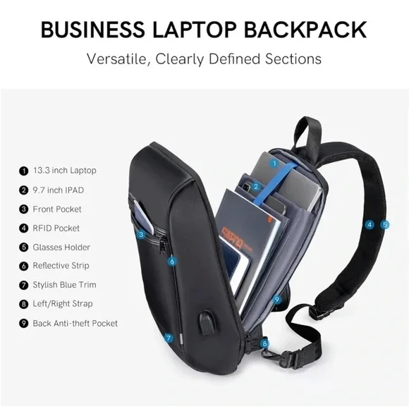 Kingsons Laptop Sling Backpack  13 Inch Waterproof Nylon Single Shoulder - Picture 2 of 12